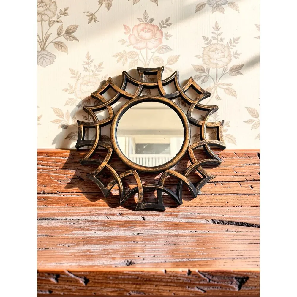 Set of 2 Black Gold Sunburst Accent Mirrors 9” Round Decorative Wall Mirrors